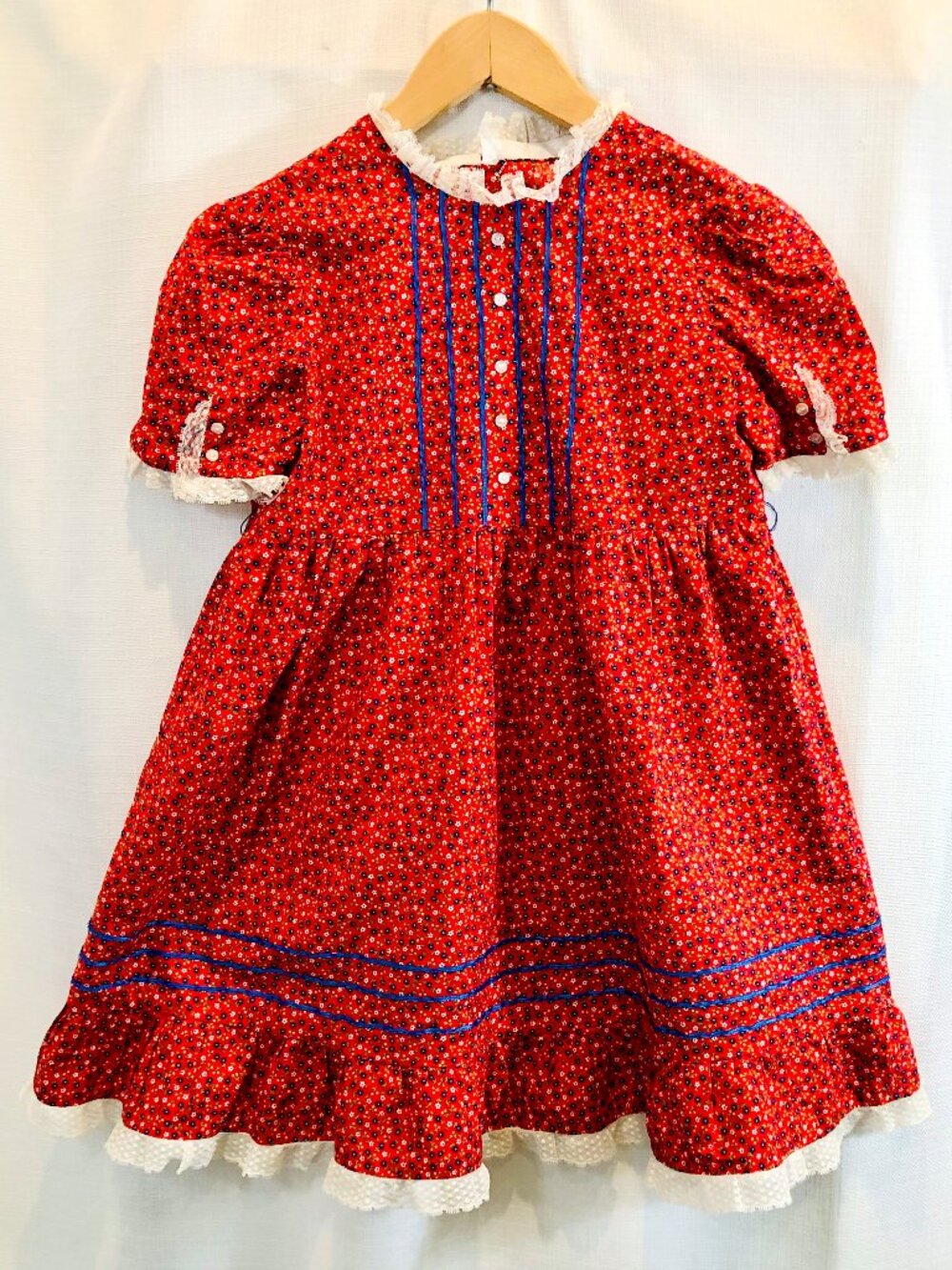 Vintage 1970s Red Ditsy Floral Cotton Dress Girls' Size 8-10 Handmade Fashion